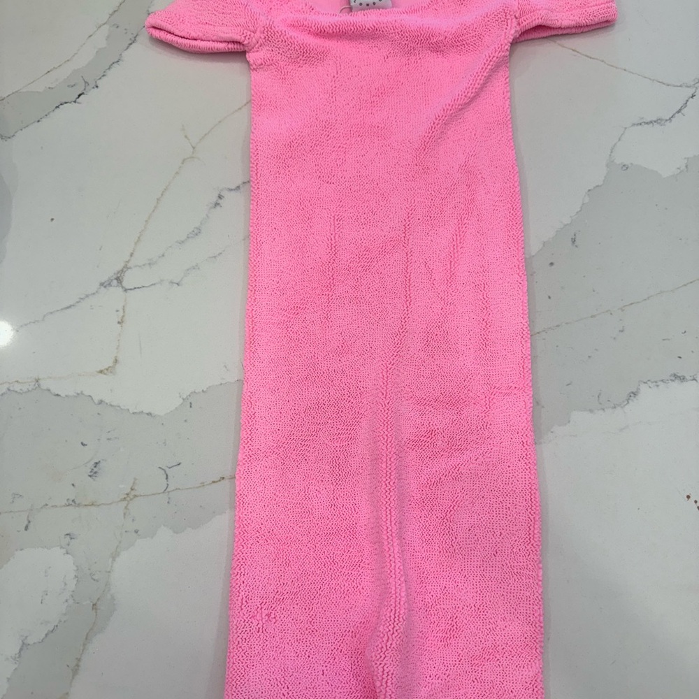 Hunza G Pink Seersucker Off Shoulder Mini Dress